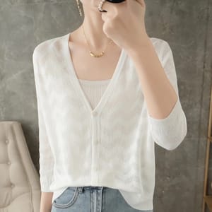 Lightweight Knitted Cardigan with Beaded Hollow Design