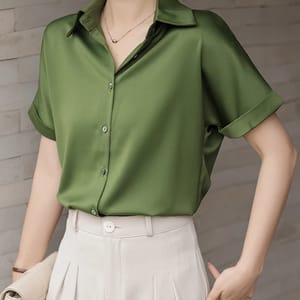 Elegant Satin Green Short Sleeve Blouse for Office Wear Aossviao - Women's Shirts & Blouses