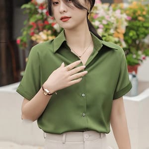 Elegant Satin Green Short Sleeve Blouse for Office Wear