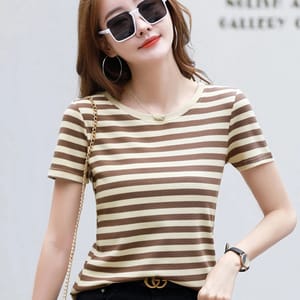 Casual Coffee Striped Cotton T-Shirt with O-Neck Design Aossviao - Women's Casual T-Shirt