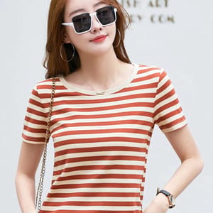 Casual Coffee Striped Cotton T-Shirt with O-Neck Design
