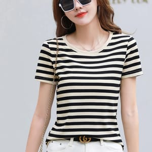 Casual Coffee Striped Cotton T-Shirt with O-Neck Design