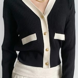 Knitted Ribbed Cardigan with V-Neck and Button Closure