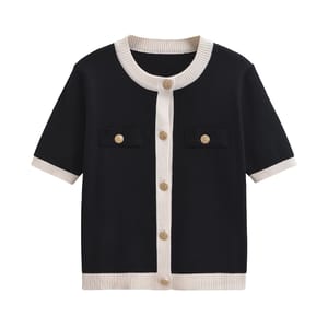 Contrast Color Knitted Crop Cardigan with Golden Button Details