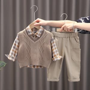 Kids Plaid Shirt Vest and Pants Set for Autumn Wear