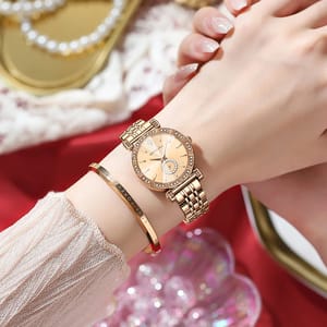 Women's Quartz Bracelet Watch with Rhinestone Detail and Steel Band