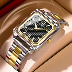 Men's Stainless Steel Square Quartz Watch with Luminous Waterproof Design
