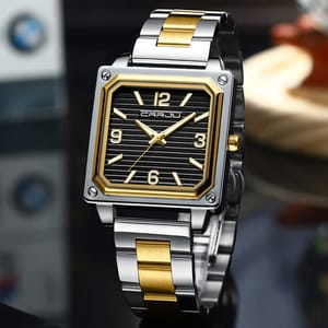 Men's Stainless Steel Square Quartz Watch with Luminous Waterproof Design
