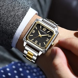 Men's Stainless Steel Square Quartz Watch with Luminous Waterproof Design