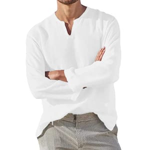 Men's Casual Cotton Linen V-Neck Long Sleeve Shirt