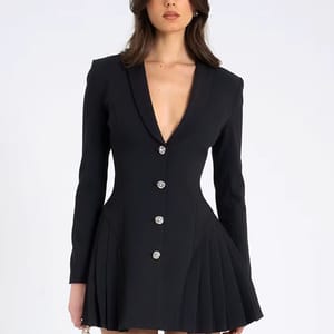 Elegant Pleated Blazer Mini Dress with Deep V-Neckline