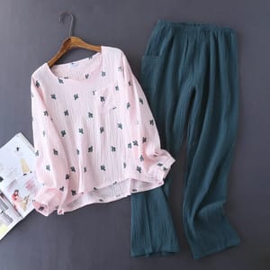 Lightweight V-Neck Cotton Pajamas with Full-Length Trousers
