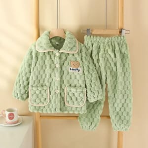 Winter Kids Flannel Pajamas – Long Sleeve Lapel Tops & Pants Set