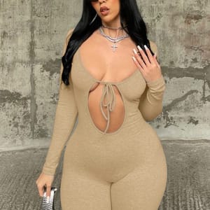 Elegant Hollow-Out Lace-Up Long Sleeve Jumpsuit for Women