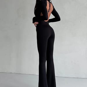 Elegant Backless Jumpsuit with Long Sleeves and Bell-Bottomed Pants