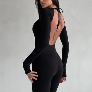 Elegant Backless Jumpsuit with Long Sleeves and Bell-Bottomed Pants