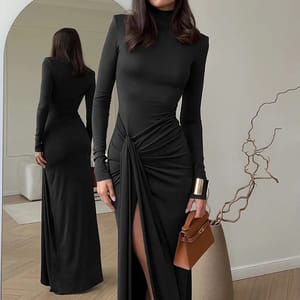 Elegant Turtleneck Bodycon Maxi Party Dress with Thigh High Split