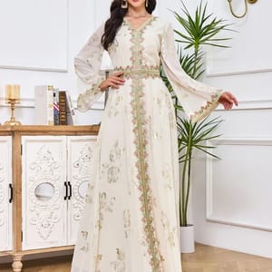 Elegant Moroccan Embroidered Party Dress with Belted Kaftan Design