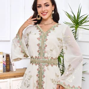 Elegant Moroccan Embroidered Party Dress with Belted Kaftan Design