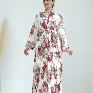 Three-Layer Pleated Floral Print Kaftan for Special Events