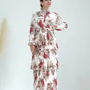 Three-Layer Pleated Floral Print Kaftan for Special Events