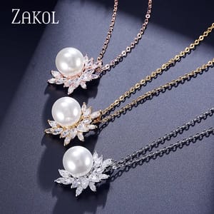 Elegant Cubic Zirconia & Pearl Leaf Pendant Necklace for Women Zakol - Women's Necklaces 1