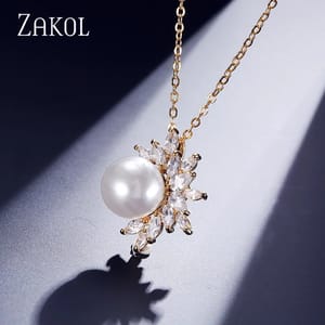 Elegant Cubic Zirconia & Pearl Leaf Pendant Necklace for Women Zakol - Women's Necklaces 2