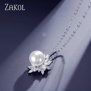 Elegant Cubic Zirconia & Pearl Leaf Pendant Necklace for Women Zakol - Women's Necklaces 3