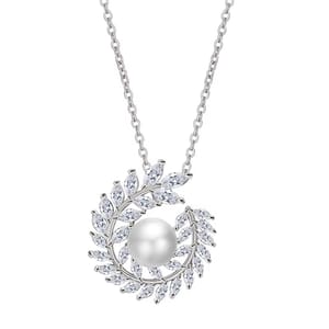 Elegant Pearl and Cubic Zirconia Leaf Pendant for Women