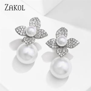 Elegant Imitation Pearl Flower Drop Earrings with Cubic Zirconia