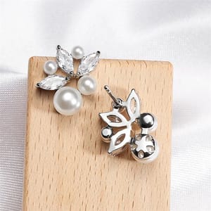 Elegant Imitation Pearl Earrings with Shiny Zircon and Leaf Design