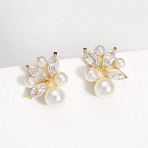 Elegant Imitation Pearl Earrings with Shiny Zircon and Leaf Design