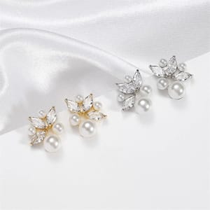 Elegant Imitation Pearl Earrings with Shiny Zircon and Leaf Design