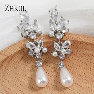 Elegant Imitation Pearl Dangle Earrings with Zircon Flower Detail