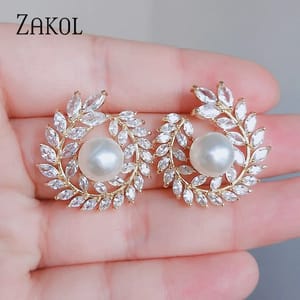 Elegant Simulated Pearl Stud Earrings with Cubic Zirconia Detail Elegant Simulated Pearl Stud Earrings with Cubic Zirconia Detail