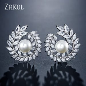 Elegant Simulated Pearl Stud Earrings with Cubic Zirconia Detail Elegant Simulated Pearl Stud Earrings with Cubic Zirconia Detail