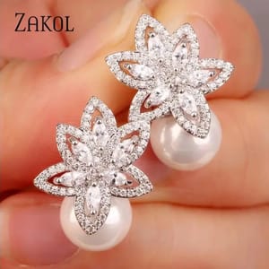 Elegant Simulated Pearl Stud Earrings with Cubic Zirconia Detailing Elegant Simulated Pearl Stud Earrings with Cubic Zirconia Detailing