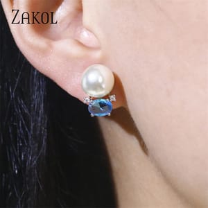 Elegant Blue Oval Cubic Zirconia Stud Earrings for Women