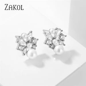 Elegant Cubic Zirconia Stud Earrings with Imitation Pearl Accent Elegant Cubic Zirconia Stud Earrings with Imitation Pearl Accent