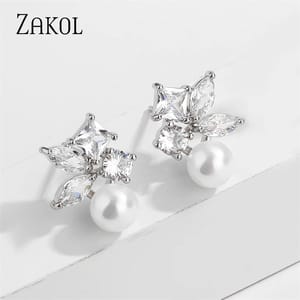 Charming Leaf-Shaped Pearl Stud Earrings with Zircon Accent Charming Leaf-Shaped Pearl Stud Earrings with Zircon Accent