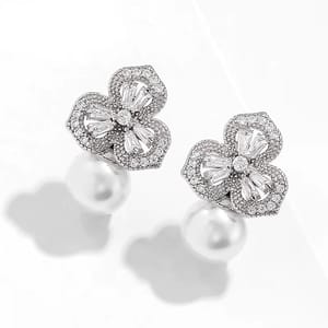 Elegant Flower Pearl Stud Earrings with Zircon for Women