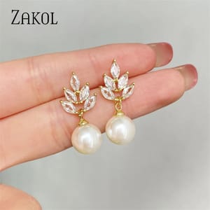Elegant Leaf-Inspired Pearl & Zirconia Dangle Earrings for Women