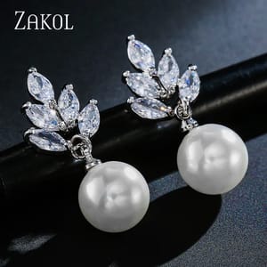 Elegant Leaf-Inspired Pearl & Zirconia Dangle Earrings for Women