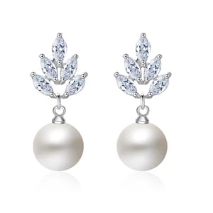 Elegant Leaf-Inspired Pearl & Zirconia Dangle Earrings for Women