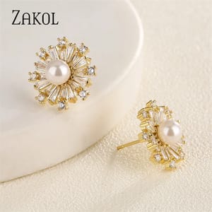 Elegant Snowflake Pearl & Cubic Zirconia Stud Earrings for Women Elegant Snowflake Pearl & Cubic Zirconia Stud Earrings for Women