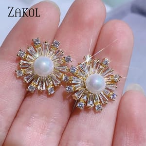 Elegant Snowflake Pearl & Cubic Zirconia Stud Earrings for Women Elegant Snowflake Pearl & Cubic Zirconia Stud Earrings for Women