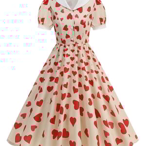 Vintage Heart Print Puff Sleeve Dress with Contrast Collar