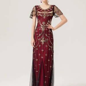 Elegant Vintage Sequin Beaded Gown with Mesh Overlay Elegant Vintage Sequin Beaded Gown with Mesh Overlay