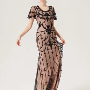 Elegant Vintage Sequin Beaded Gown with Mesh Overlay Elegant Vintage Sequin Beaded Gown with Mesh Overlay