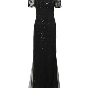Elegant Vintage Sequin Beaded Gown with Mesh Overlay